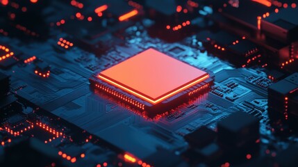 Poster - Close-Up of Modern Microchip with Glowing Red Lights on Circuit Board