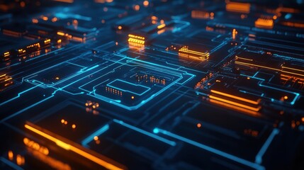 Poster - Futuristic Digital Circuit Board with Neon Glowing Elements