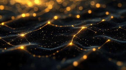 Wall Mural - Glowing Particles on Dark Surface with Waves and Light Effects