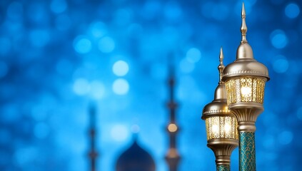 Wall Mural - Illuminated lanterns, mosque backdrop, night scene, Ramadan greeting