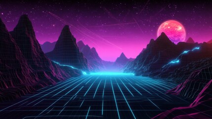 Wall Mural - Stunning Retro Futuristic Landscape with Neon Colors and Stars