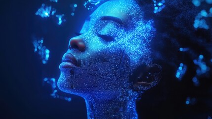 Wall Mural - Ethereal Portrait of Woman Surrounded by Blue Digital Particles