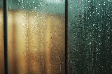 Poster - Moody rain droplets streaming down a detailed windowpane with a blurred backdrop and a sense of calm reflection during a rainy day
