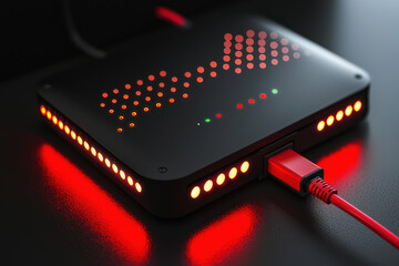 Poster - Detailed view of a modern black router with red cable connected showing vibrant activity lights and sleek design