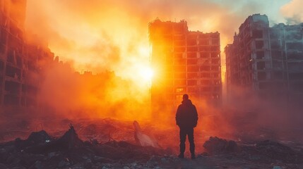 Wall Mural - A solitary figure stands amidst the ruins of a devastated city at sunset, evoking resilience and despair