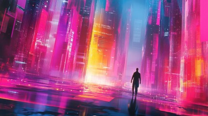 Wall Mural - futuristic cityscape at night with neon lights and solitary figure