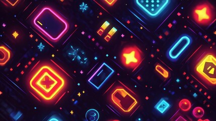 Poster - Vibrant Neon Icons and Symbols in a Dark Background Design