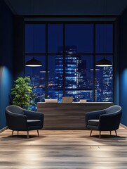 Wall Mural - Clean office lobby interior with furniture, window with night city view, wooden flooring and blue walls. Workplace and waiting area concept. 3D Rendering