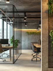 Poster - modern concrete coworking office interior with empty mock up place on wall, furniture, computers, de
