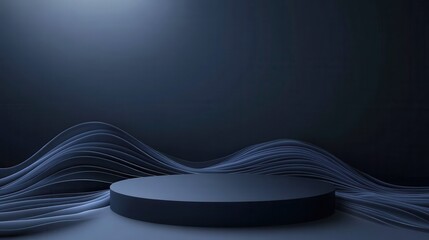 Poster - Dark Minimalist Studio Scene with Soft Flowing Waves and Round Base
