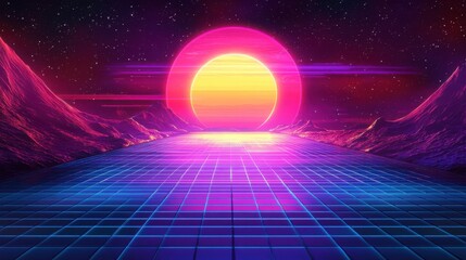 Wall Mural - Futuristic retro landscape with neon sun and grid terrain at night