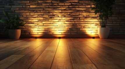 Poster - Warm Illuminated Brick Wall with Potted Plants in Cozy Interior