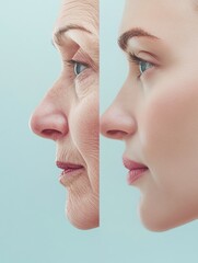 Poster - Two contrasting faces show signs of aging next to smooth and youthful skin highlighting the passage of time. Generative AI