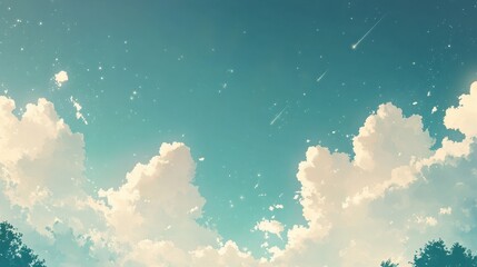 Wall Mural - Serene Sky with Dreamy Clouds and Shooting Stars at Dusk
