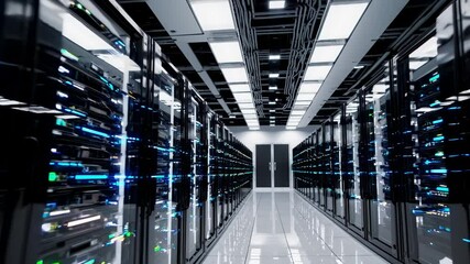Poster - Modern data center corridor with glowing server racks and advanced cooling system. Clean futuristic server room interior with blue LED indicators. High-tech networking and cloud computing facility