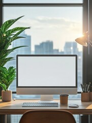 Wall Mural - workplace in modern office interior with blank mock up computer screen, window with beautiful city view, coffee cup and other items on desktop, pieces of furniture and daylight. 3D Rendering