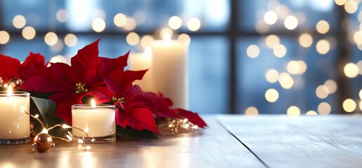 Wall Mural - Festive poinsettias, candles, lights on wood table, winter background