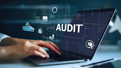 Poster - Business Audit Compliance: Data Analysis, Target Goals, Standard Certification. A businessman diligently works on a laptop, reviewing key performance indicators