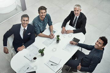 Poster - Office, meeting and above portrait of business people for discussion, collaboration and teamwork. About us, corporate and men with documents for finance review, company budget or investment report