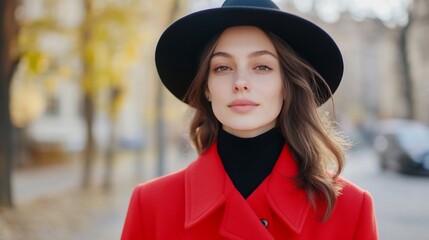 Wall Mural - Woman red coat autumn city portrait