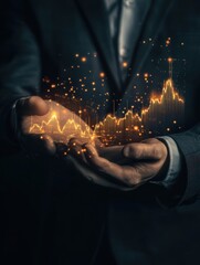 Poster - Businessman holding glowing virtual technical graph chart showing business growth and success concept for finance investment and stock market trading analysis