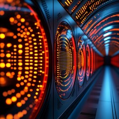 Poster - Abstract Futuristic Digital Tunnel With Glowing Orange And Red Displays