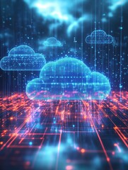 Poster - conceptual visualization of cloud computing with holographic symbols for secure data flow and storag