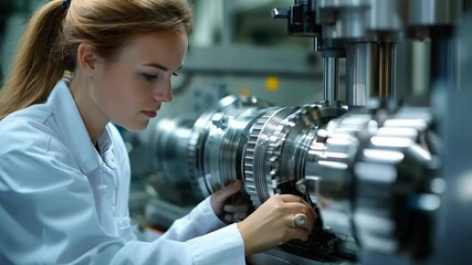 Poster - A focused female engineer in a lab coat examines a complex machine component with precision. She ensures functionality and safety in the high-tech environment of the engineering facility.