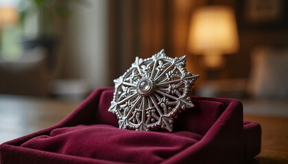 Intricate silver brooch on velvet display, elegance and craftsmanship