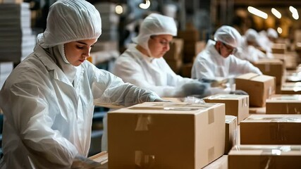 Poster - In a busy food processing plant, workers in protective gear carefully pack cardboard boxes. Their focus on precision highlights the dedication to quality packaging in the industry.
