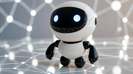 Poster - Interactive robotic figure exploring a digital environment with glowing connections and patterns