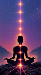 Poster - Meditating Figure in the Glow of Chakra Energy Under a Starry Sky at Twilight