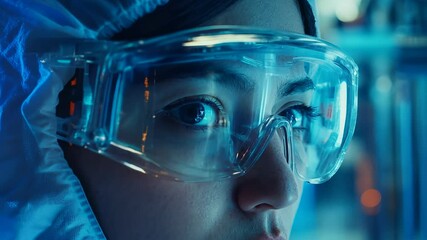 Aufkleber - A focused female engineer in a lab coat and protective gear examines equipment in a modern research facility. Her intense gaze reflects deep concentration and commitment to scientific advancement.