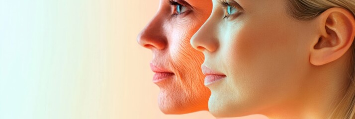 Poster - Contrast between aging and youthfulness captured in two faces side by side showcasing signs of time and vitality. Generative AI
