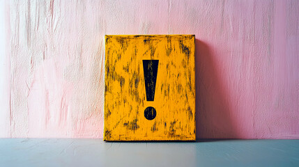 Poster - Yellow Warning Triangle Icon With Exclamation Mark Against Pink and Blue Backdrop at Daylight