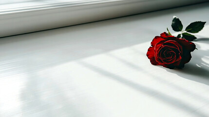 Poster - Lying Gracefully, a Red Rose Beautifies a Smooth White Surface in Soft Light