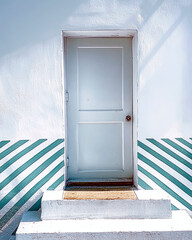 Poster - Steps Leading to a Secured Door Amidst a Clean Artistic Backdrop of Geometric Patterns