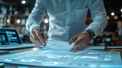 Poster - businessmen review electronic documents on digital documents and approve checklists, online business