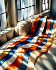 Poster - Smooth Satin Rainbow Ribbon Gracefully Flows Across a Neutral Surface in a Bright, Serene Room