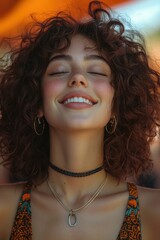 Wall Mural - Smiling young woman with curly hair enjoying a sunny day outdoors in a warm and vibrant setting