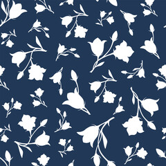 Wall Mural - seamless floral pattern with white bluebell (campanula) flowers silhouettes on a blue background. ve