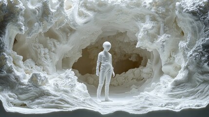 Wall Mural - A surreal white cave with an abstract figure standing in the center, evoking a sense of mystery