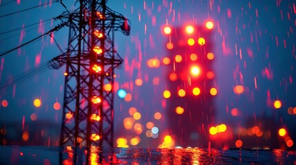 Sticker - Rainy Night Power Pole with City Lights Blurred Background