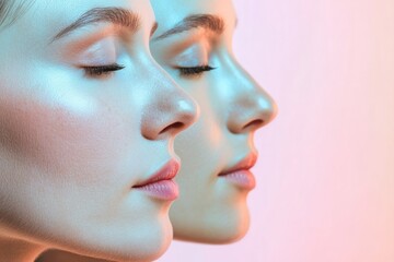 Fototapete - Two faces showcase the contrast of youth and aging with smooth and textured features captured in side profile. Generative AI