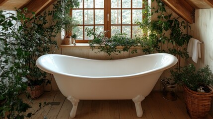 Poster - Rustic,  herbal,  bathtub,  attic,  cozy,  winter,  plants,  window,  peaceful  setting