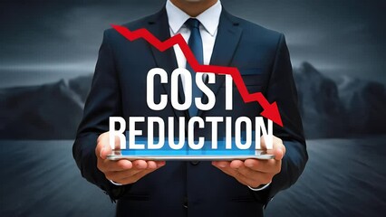 Poster - Strategic Cost Reduction: Businessmen Collaborate on Budget Savings, Decreasing Expenses, Economic Recession, Effective Cost Management, Low Budget Solutions,  