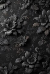 Wall Mural - Dark charcoal floral wallpaper with intricate patterns and subtle sheen ,  sophisticated,  luxury