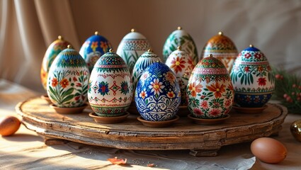 Hand-painted decorative Easter eggs with floral folk art designs