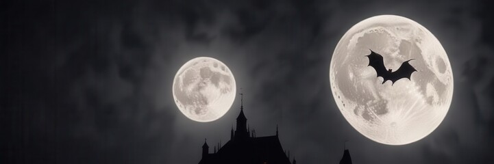 dark silhouette of a bat flying in front of full moon, silhouette, halloween bat