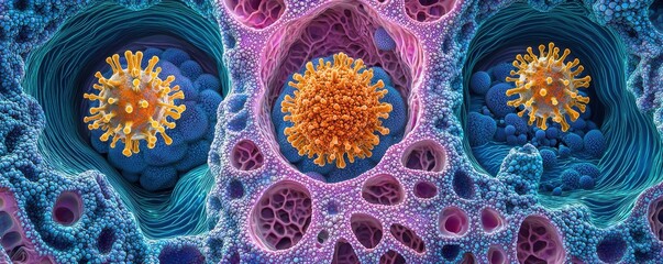 Wall Mural - close-up of viruses among cellular structures in a vibrant biological illustration
